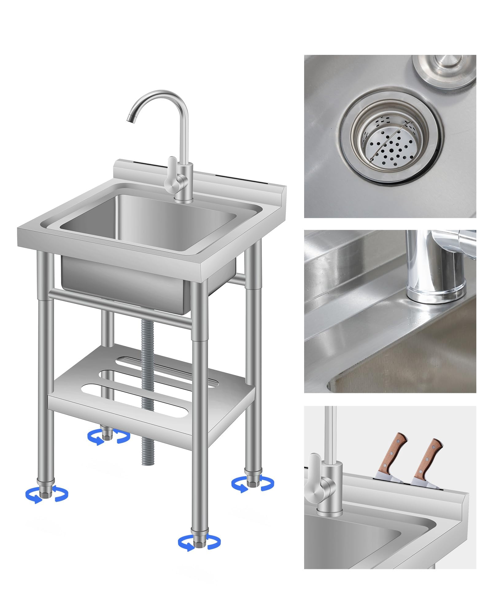 Accreate 18" FreeStanding Utility Sink with Cold and Hot Water Pipe, Single Bowl Stainless Steel Commercial Sink for Kitchen, Laundry