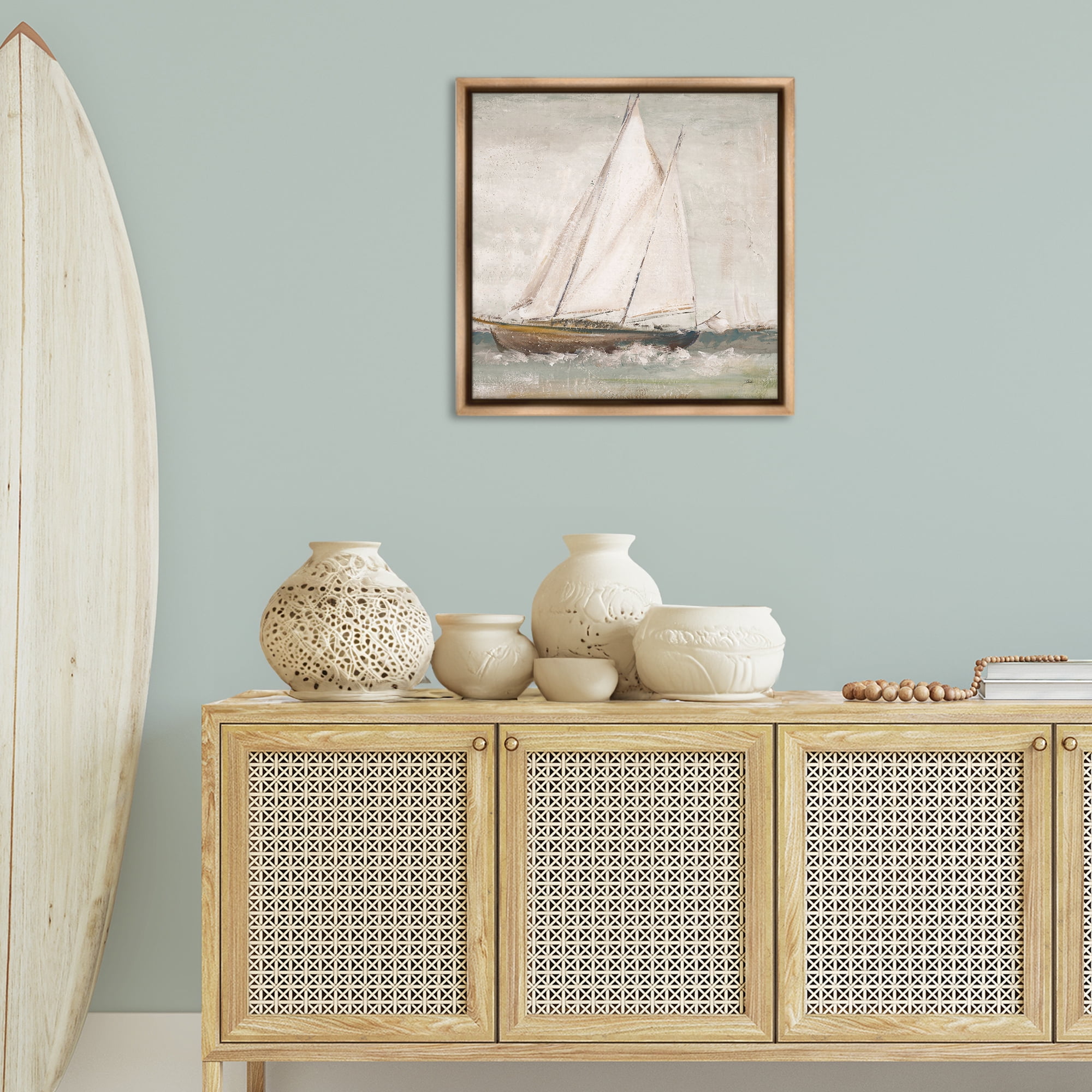 Stupell Industries Traditional Sailboat Splash Transportation Painting Brown Floater Framed Canvas Art Print Wall Art, 25 x 25