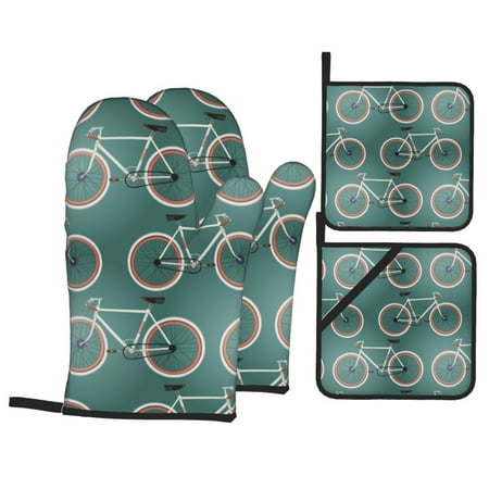 

Oven Mitts and Pot Holders Sets 4 pcs - Bike Pattern modern Heat Resistant Silicone Oven Gloves with Non-Slip Silicone Surface and hot pads for kitchen Baking Cooking BBQ