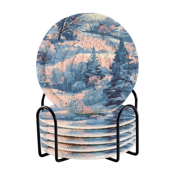 Haosy Set of 6 Drink Woven Coaster with Holder Heat Resistant Non-Slip Bar Coasters 4 Inches Tree in Snow