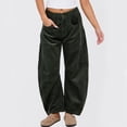 thumbnail image 2 of Women's Corduroy Pants Barrel Mid-Rise Elastic Waist Cord Pants Casual Wide Leg Baggy Trouser with Pockets Dark Green M, 2 of 5