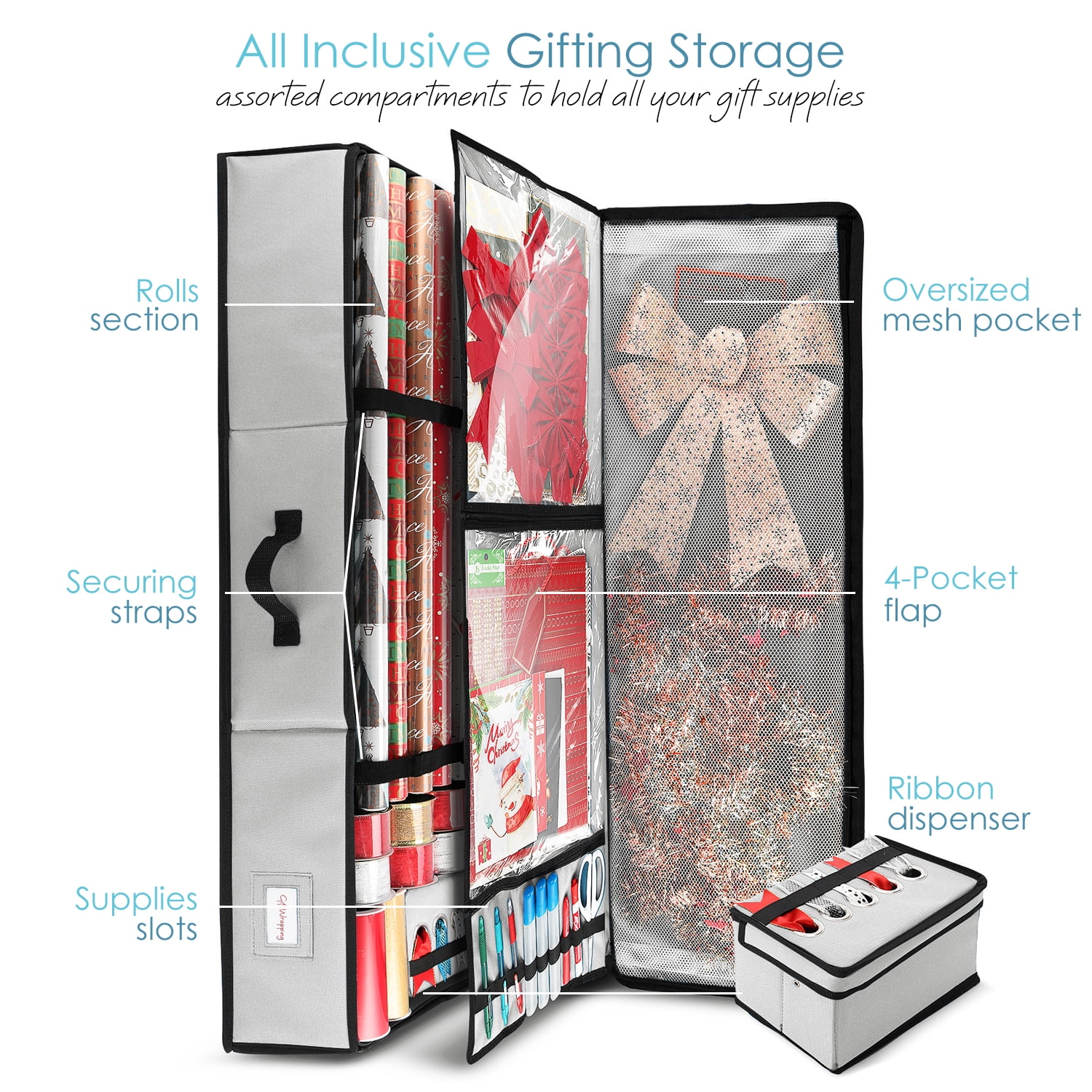 Hearth & Harbor Wrapping Paper Storage Container - Christmas Wrapping Paper Rolls Storage Box for Holiday Storage & Accessories - Gift Wrap Storage Organizer Box, Silver