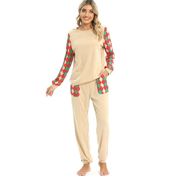 Women's Pajama Sets Long Sleeve Tops and Pants Round Neck Splicing Color Block Soft 2 Piece Sleepwear Loungewear Set with Pockets,S-2XL