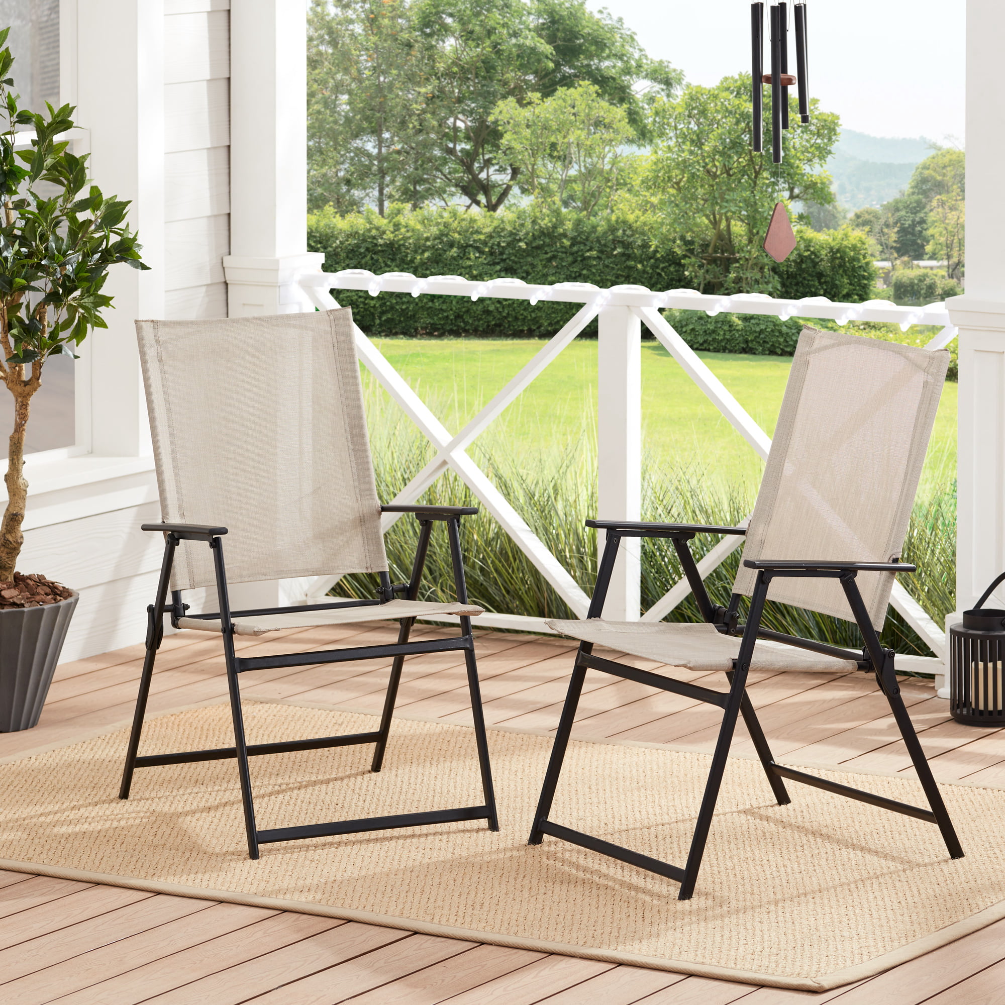 Mainstays Greyson Square Set of 2 Outdoor Patio Steel Sling Folding Chair, Beige