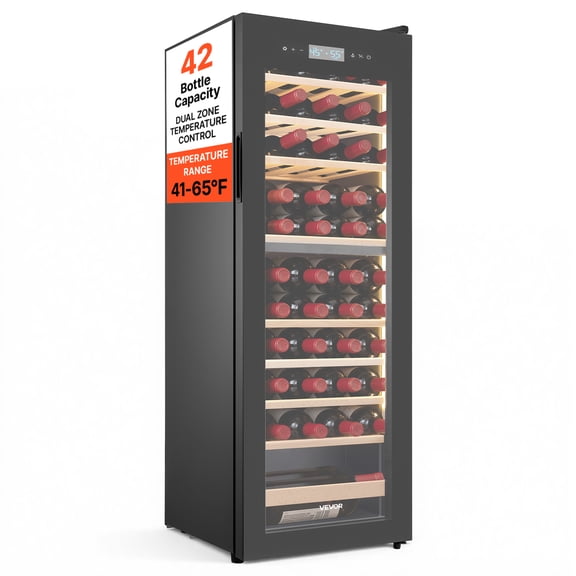 VEVOR 42 Bottle Wine Fridge, Freestanding Wine Cooler Refrigerator, Dual Zone Cooler, 41℉ to 65℉ Adjustable Temp Mini Cellar, Glass Door, For Home Office Bar, Red White Champagne or Sparkling Wines