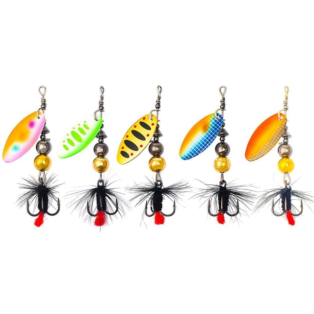Señuelo de pesca con anzuelo giratorio de metal giratorio, cuchara, plumas, anzuelo triple (D azul)