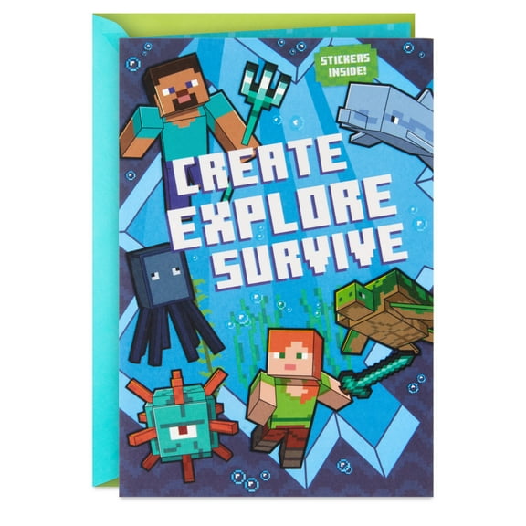 Hallmark Minecraft Birthday Card for Boy with Stickers (Build a World of Adventure)