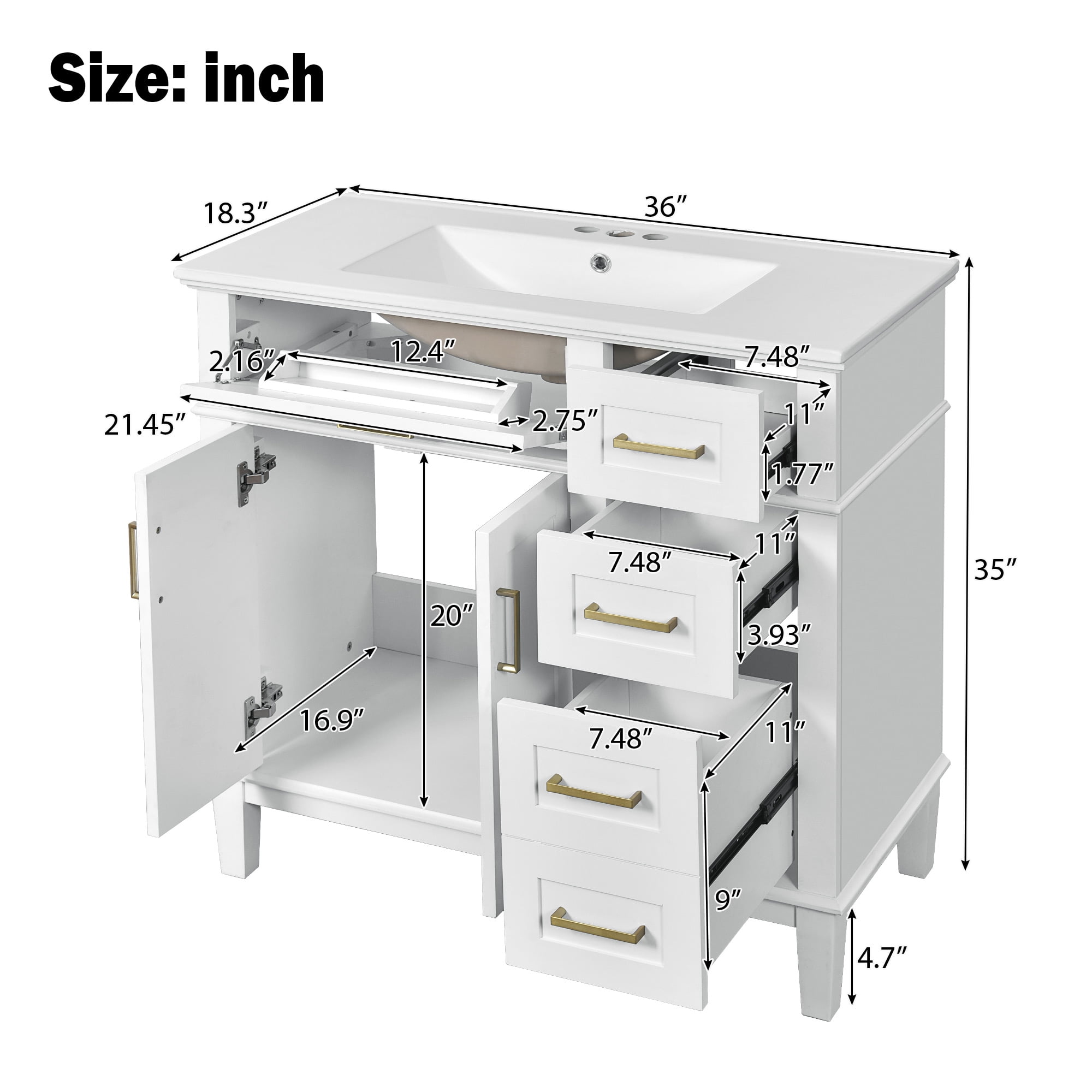 Euroco 36" Bathroom Cabinet with Ceramic Sink, Soft-Close Doors, Golden Handles, Ample Storage, and Overflow Protection