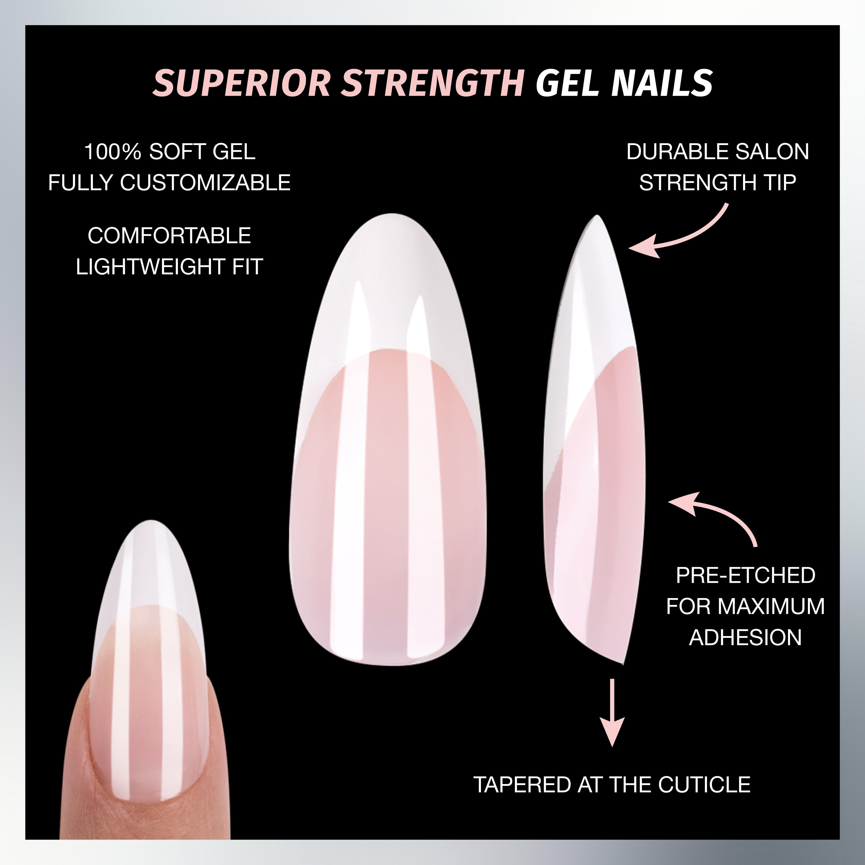 Salon Perfect Artificial Fake Press On Nail Tips, 304 Gel X-Tension, French, Medium Almond, File, and Glue Included, 120 Nails