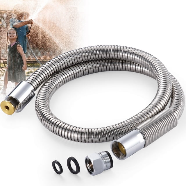 kit de manguera de repuesto para fregadero, manguera de fregadero de cocina, manguera de jardín, para cocina, jardín, baño, garaje, acero inoxidable 304 duradero, 37,8 pulgadas Manguera enrollada de 37,8 pulgadas con revestimiento trenzado plateado de acero inoxidable 304, extremos cromados con racor roscado de latón y dos juntas de goma visibles sobre fondo blanco; adecuada para reemplazo de flexibles de fregadero y uso en cocina, baño, garaje y jardín.