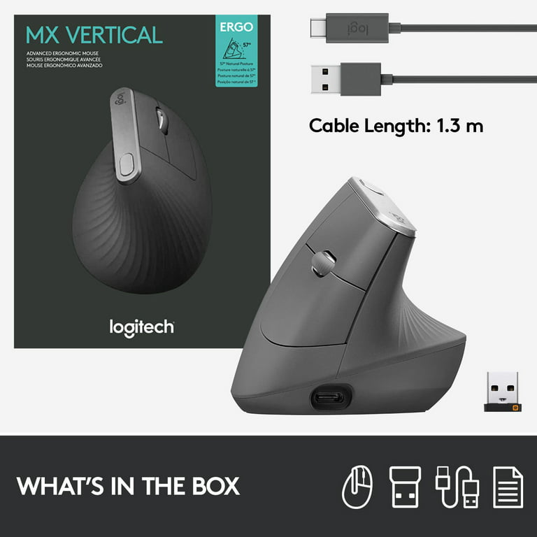 Logitech MX Vertical Wireless Mouse – Advanced Ergonomic Design Reduces Muscle Strain, Control and Move Content Between 3 Windows and Apple (Bluetooth or USB), Rechargeable, Graphite - Walmart.com