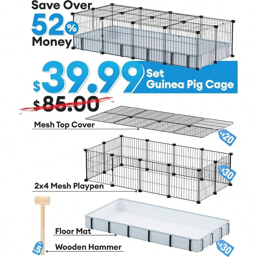 Guinea Pig Cages with Floor Mat 20 Panels Guinea Pigs Playpen with Top Cover Metal Rabbit Cage Indoor for Hedgehogs Quail Chickens 47 L x 24 W x 12 H
