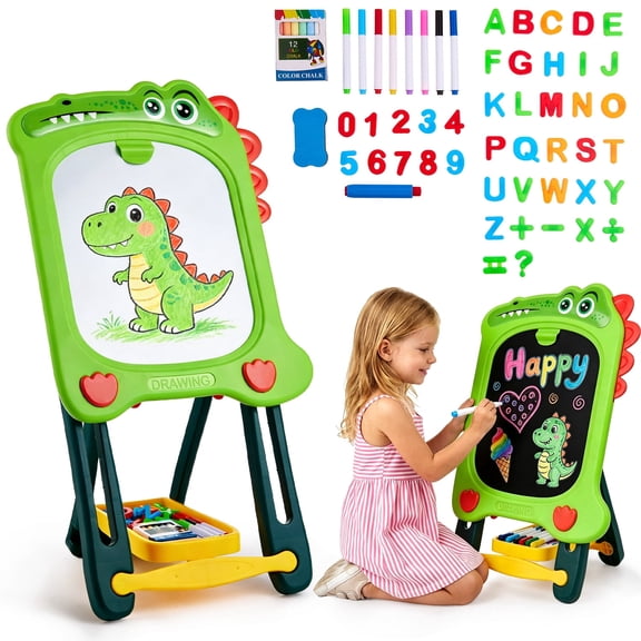 Lictin Easel for Kids, Double Sided Magnetic Drawing Board with White Board and Chalk Board, Adjustable Standing Art Easel Gift for Toddler Boys Girls Ages 2-6