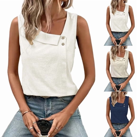 Women's Tank Tops 2026 Summer Sleeveless Square Neck Vest Top Cute Asymmetrical Button Going Out Tops Trendy Casual,White S