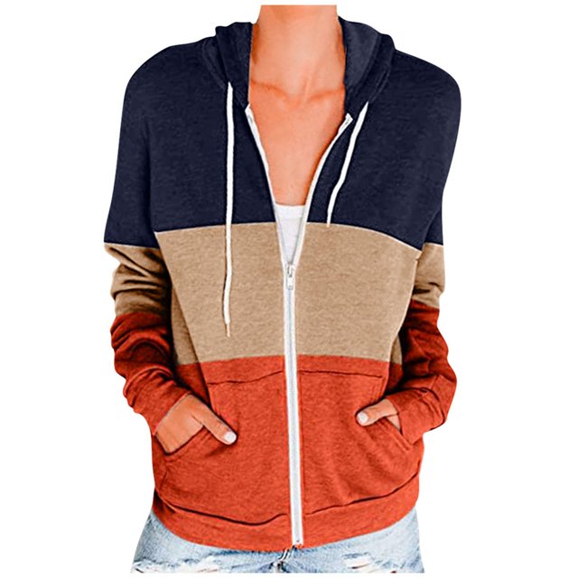 Timegard Womens Zip up Hoodies Sweatshirts Long Sleeve Color Block Pullover Fall Winter Comfy Clothing