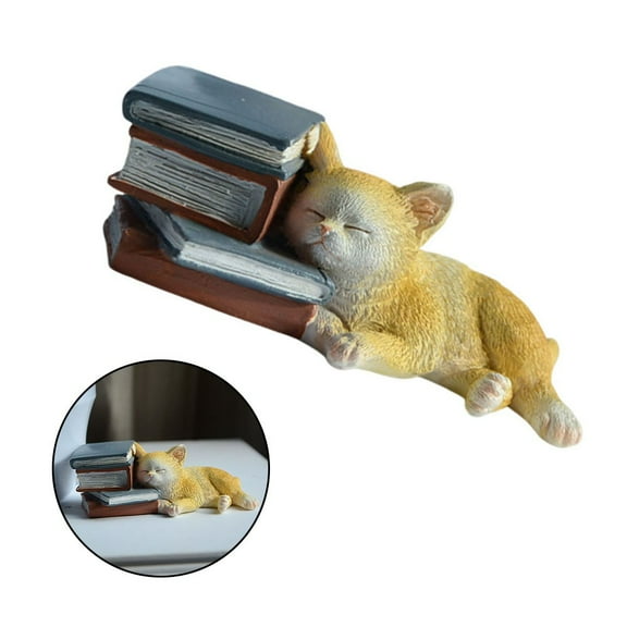 Cat and Book Ornament for Home Decor Resin Figurine Small Kitten Sleeping Statue with Book Tabletop Decoration