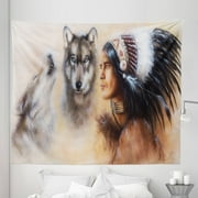 Colorful Tapestry, Blur Mystic Painting of Young Native Man Feather Wolves, Fabric Wall Hanging Decor for Bedroom Living Room Dorm, 5 Sizes, Multicolor, by Ambesonne