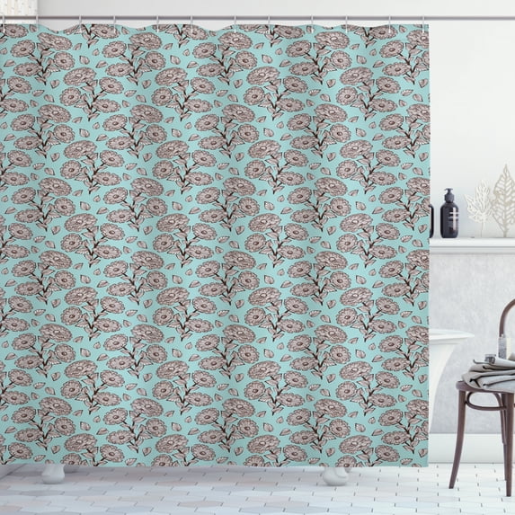 Floral Shower Curtain, Romantic Garden Art Illustration with Bouquet of Flowers and Leaves, Fabric Bathroom Set with Hooks, 69W X 84L Inches Extra Long, Baby Blue Brown and White, by Ambesonne