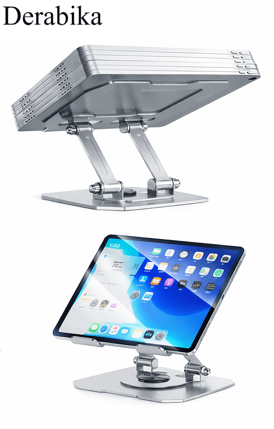 Derabika Stands adapted for laptops, Adjustable Aluminum Laptop & Tablet Stand with 360° Rotating Base, Foldable Ergonomic Desktop Holder for Office and Home Use
