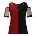 thumbnail image 3 of Women's Summer Cold Shoulder Tops Hot Drilling V neck Blouse Mesh Patchwork Short Sleeve T Shirts Color Block Pullover, 3 of 7