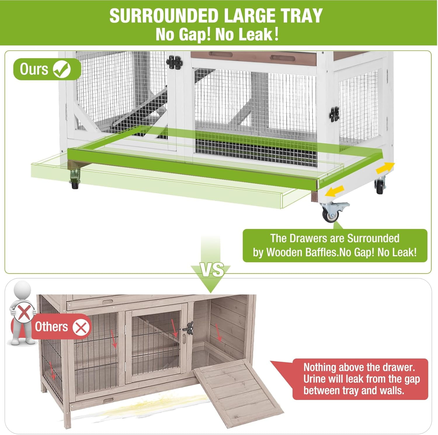 2-Story Rabbit Hutch Bunny Cage with Leak-Proof Trays & Chew-Proof Ramp - Indoor/Outdoor 39.3" Wooden Rabbit Cage with Wheels (Brown)