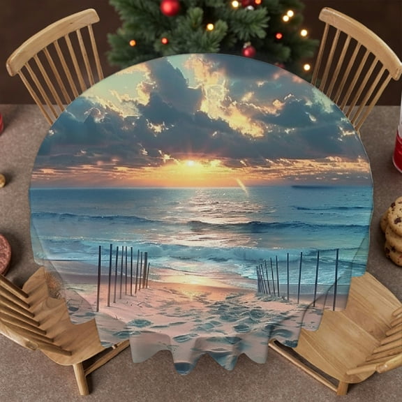 RKSupls 60 Inch Sunset Beach Path Round Tablecloth, Polyester Tablecloths - Machine-Made Polyester Table Cover , Wedding, Party, Holiday, Home Dining