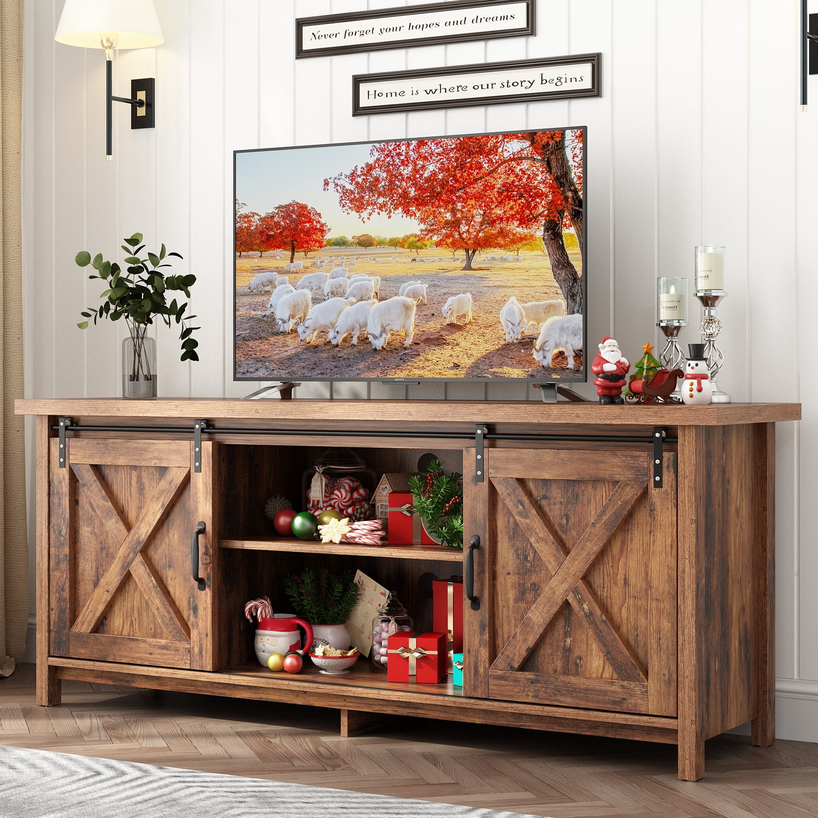 ChVans 58" Farmhouse Sliding Barn Door TV Stand for TVs Up to 65" TVs, Entertainment Center Console Table with Adjustable Shelves