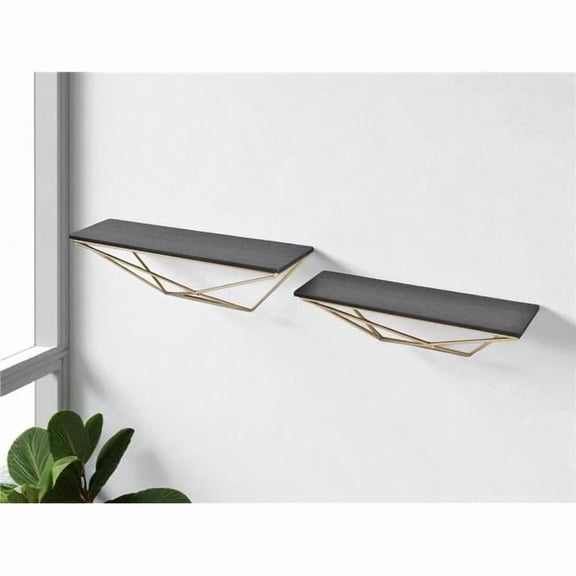 HomeRoots 489049 Black & Gold Wood & Metal Modern Wall Mounted Accent Shelves - Set of 2