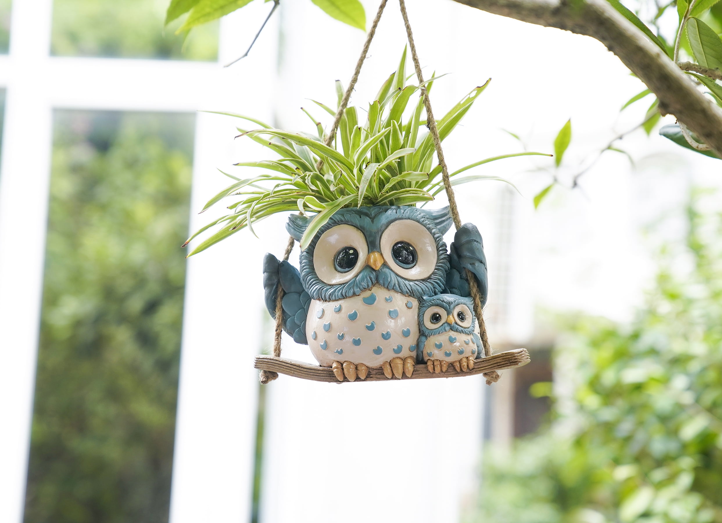 Quoowiit 4.72" H Owl Hanging Planter, Round Resin Succulent Pot with Drainage Holes, Animal Print Indoor Outdoor Decor