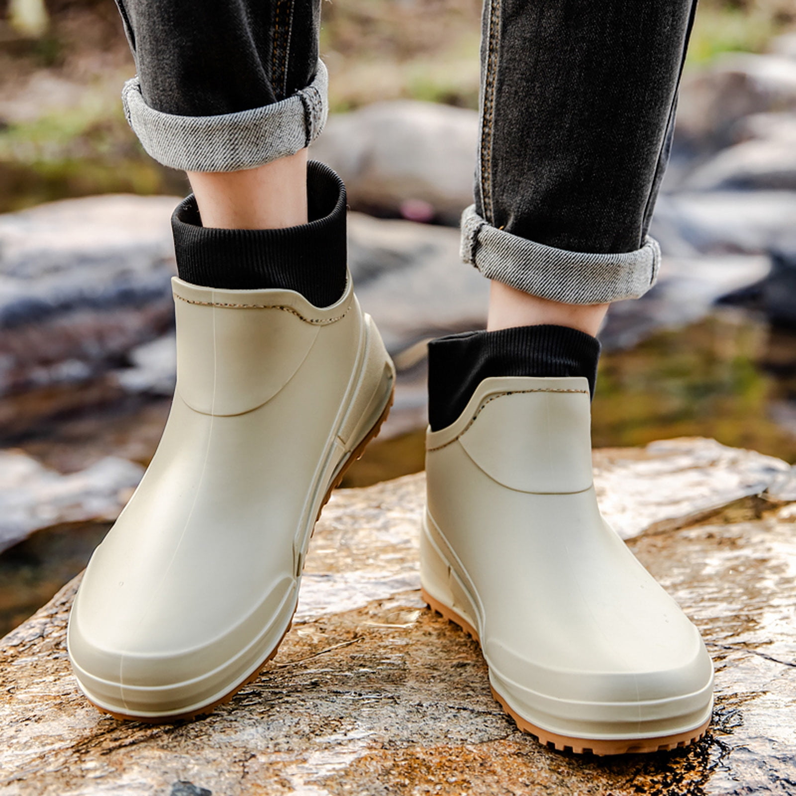 Pandaie Women's Deck Boots Waterproof Ankle Rain Boots Outdoor Fishing Garden Shoes Lightweight Anti Slip Work Rainboots Booties Beige 9.5