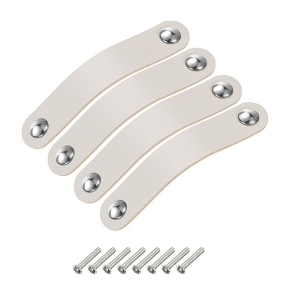 Uxcell 4 Packs Leather Drawer Pulls Double Hole Knobs with Screws, Cream/Silver(Hole Spacing:96mm)