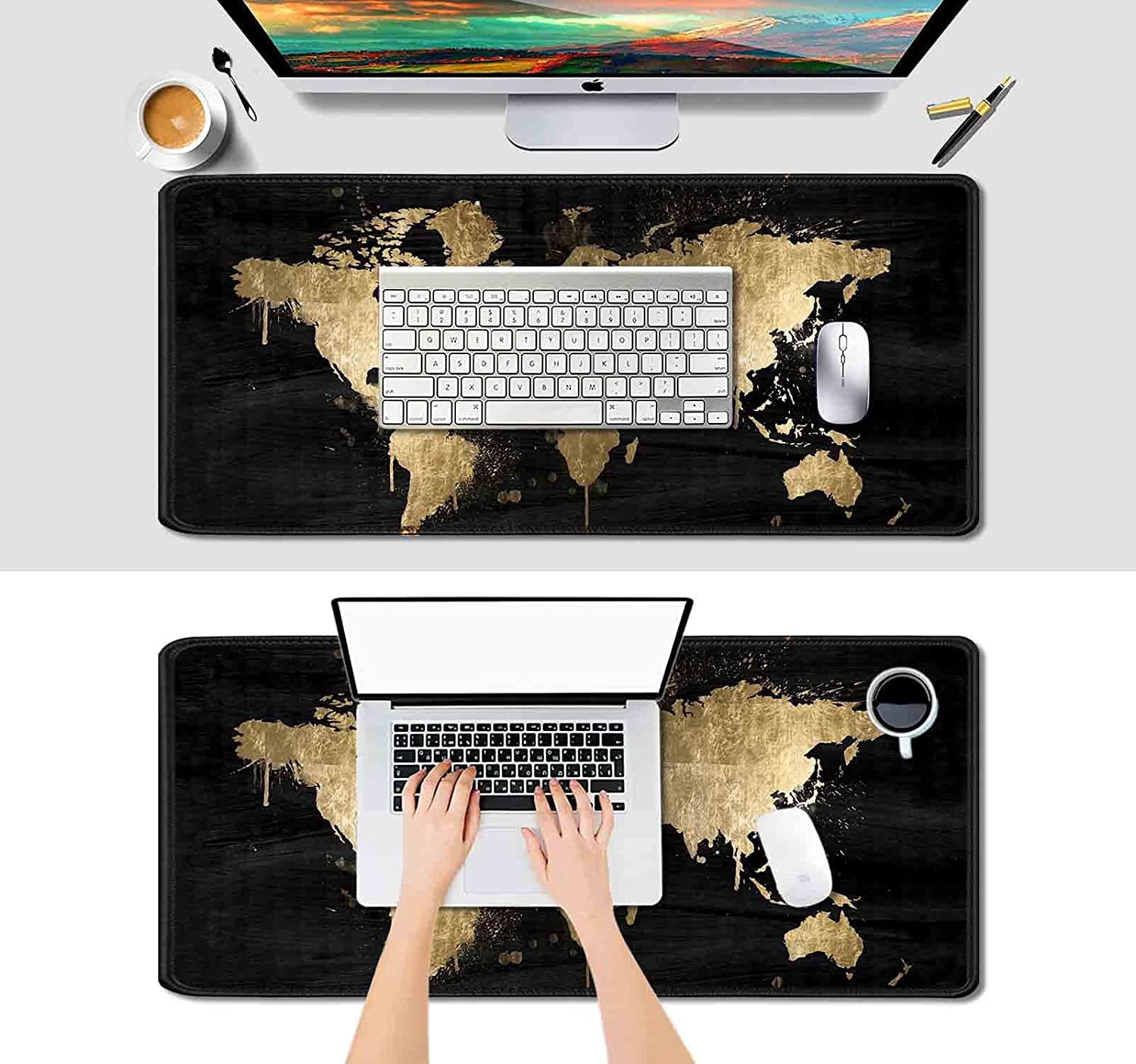 Large Gaming Mouse Pad (35.4x15.7 in),Extended Non-Slip Rubber Base Mousepad with Stitched Edges,Keyboard Mouse Mat Desk Pad for Work,Office,Home - Black and Gold World Map