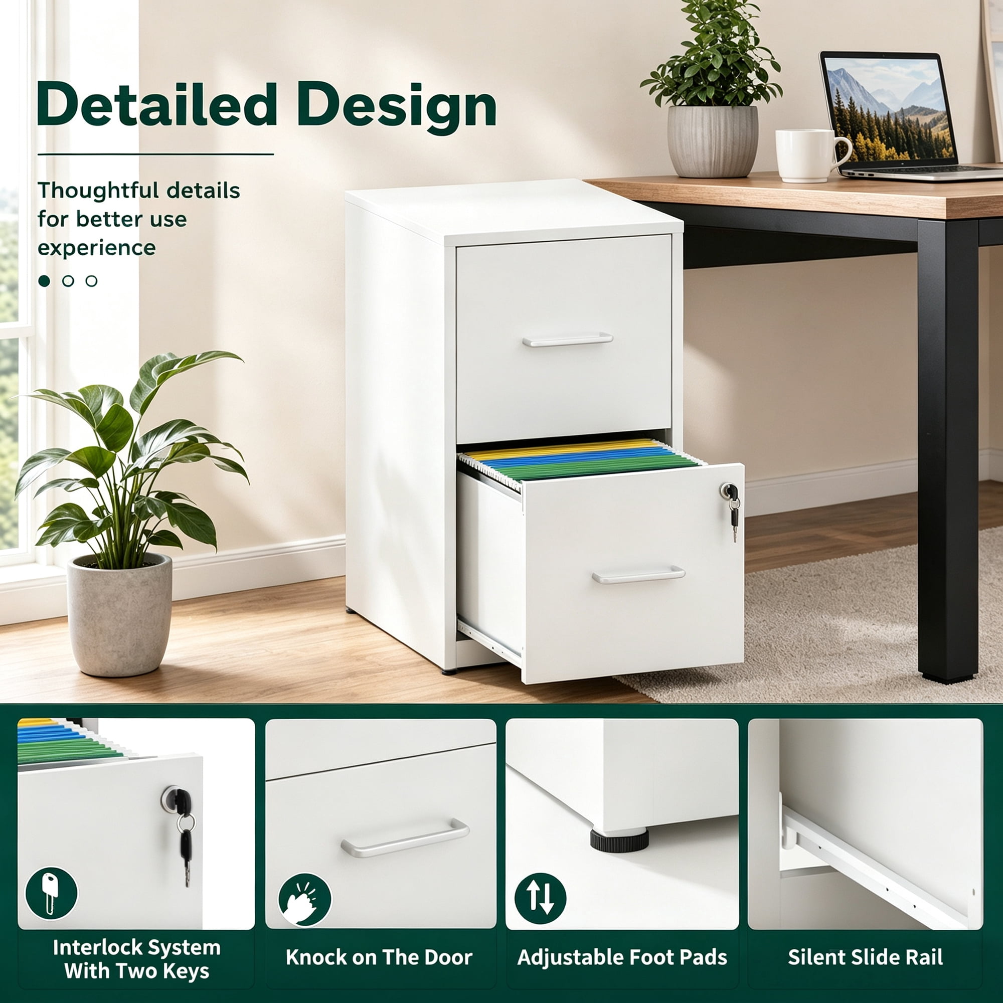 2 Drawer Lockable Metal File Cabinet, Vertical Under Desk Steel Filing Cabinet with Wall Anti-Tip Kit, Adjustable Hanging Rails, Heavy Duty Office Storage Cabinet for Letter/Legal Size Files, White