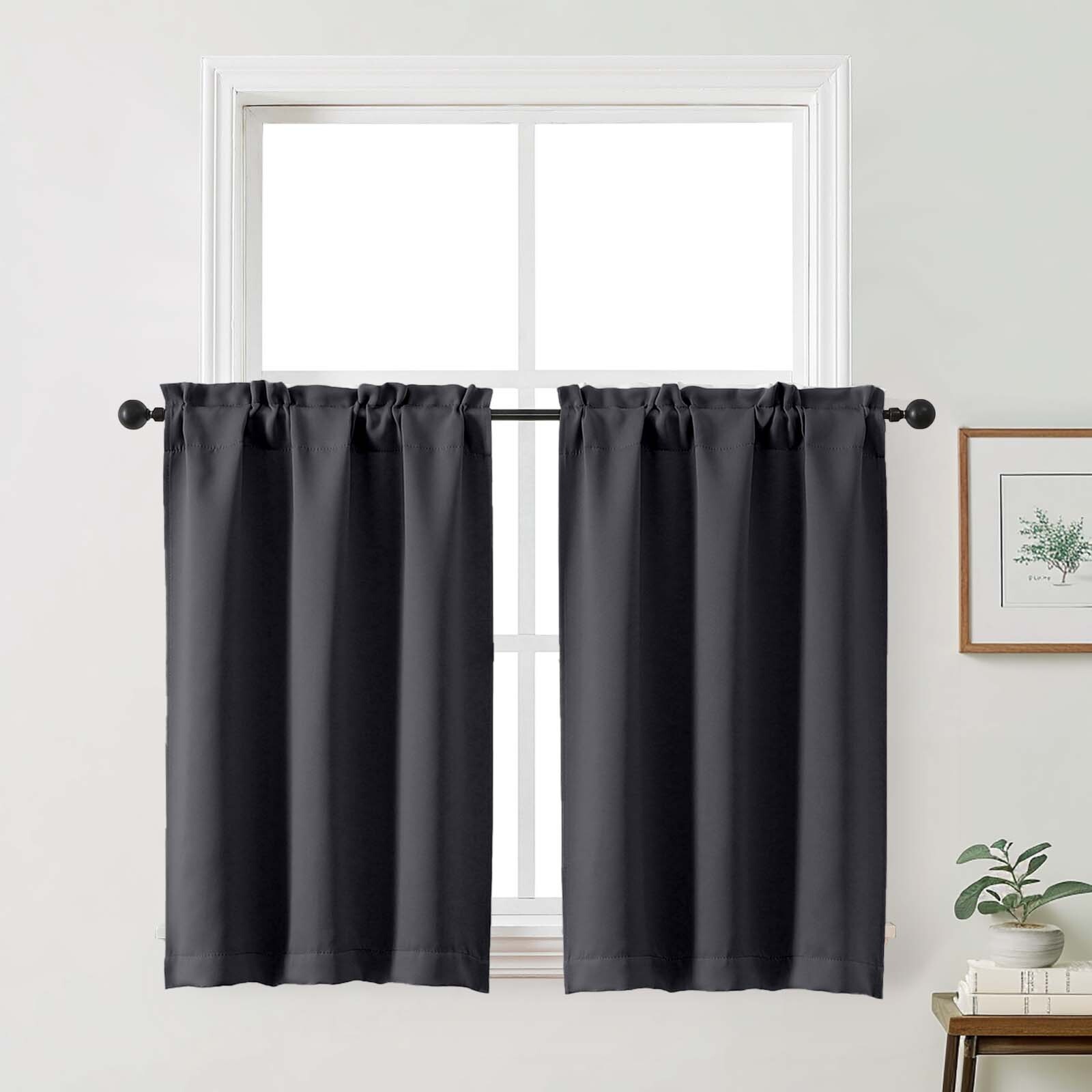 Patin Black Blackout Curtains 36 Inch Length 2 Pcs, Thermal Insulated Short Half Kitchen Curtains over Sink, Rod Pockets Window Farmhouse Drapes for Cafe Bathroom, Each Panel 30" W x 36" L