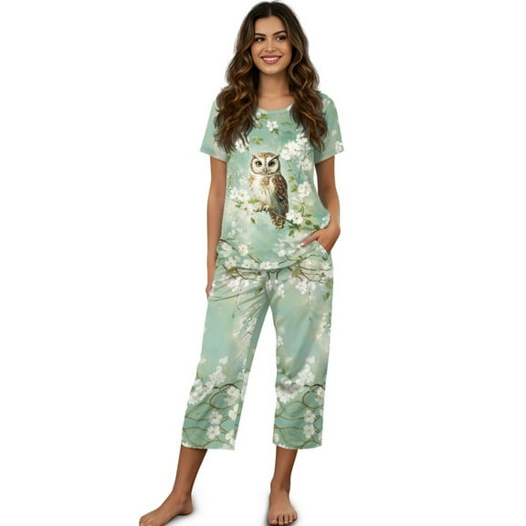 DISNIMO Owl Flower Printed Women's Short Sleeve Pajama Sets Casual Sleepwear Soft 2 Piece Pjs Set Summer Tops and Capri Pant Lounge, S