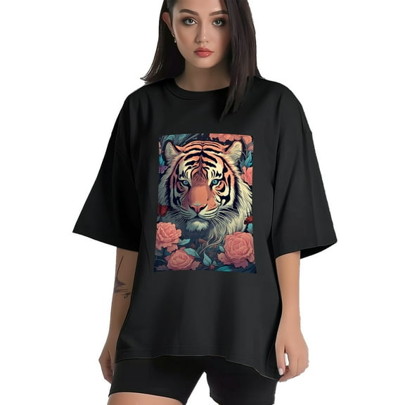 Plus Size Shirt for Women Black Tops for Women Short Sleeves Shirt for Women Tiger 1 T Shirt Crewneck Shirt for Women XS