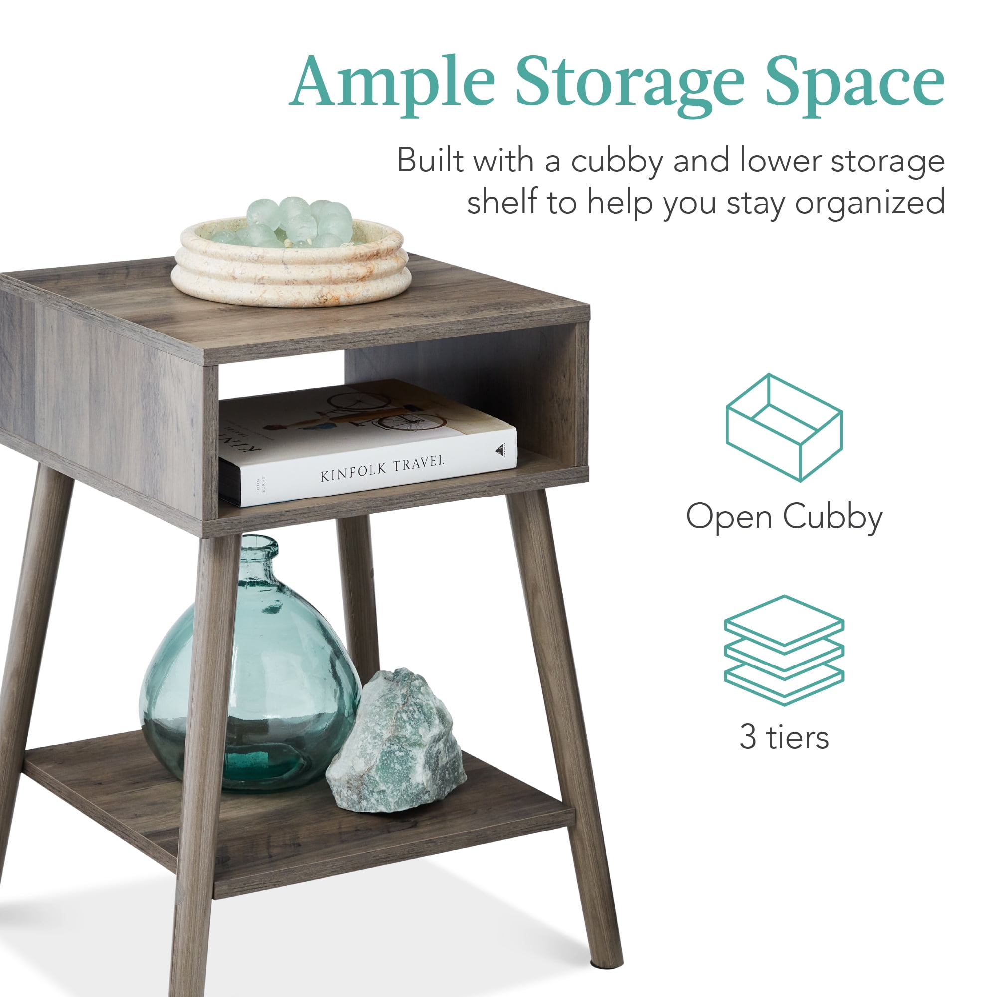 Best Choice Products Set of 2 Mid-Century Modern End Tables w/ Cubby Storage, Lower Shelf, Offset Legs - Gray Oak
