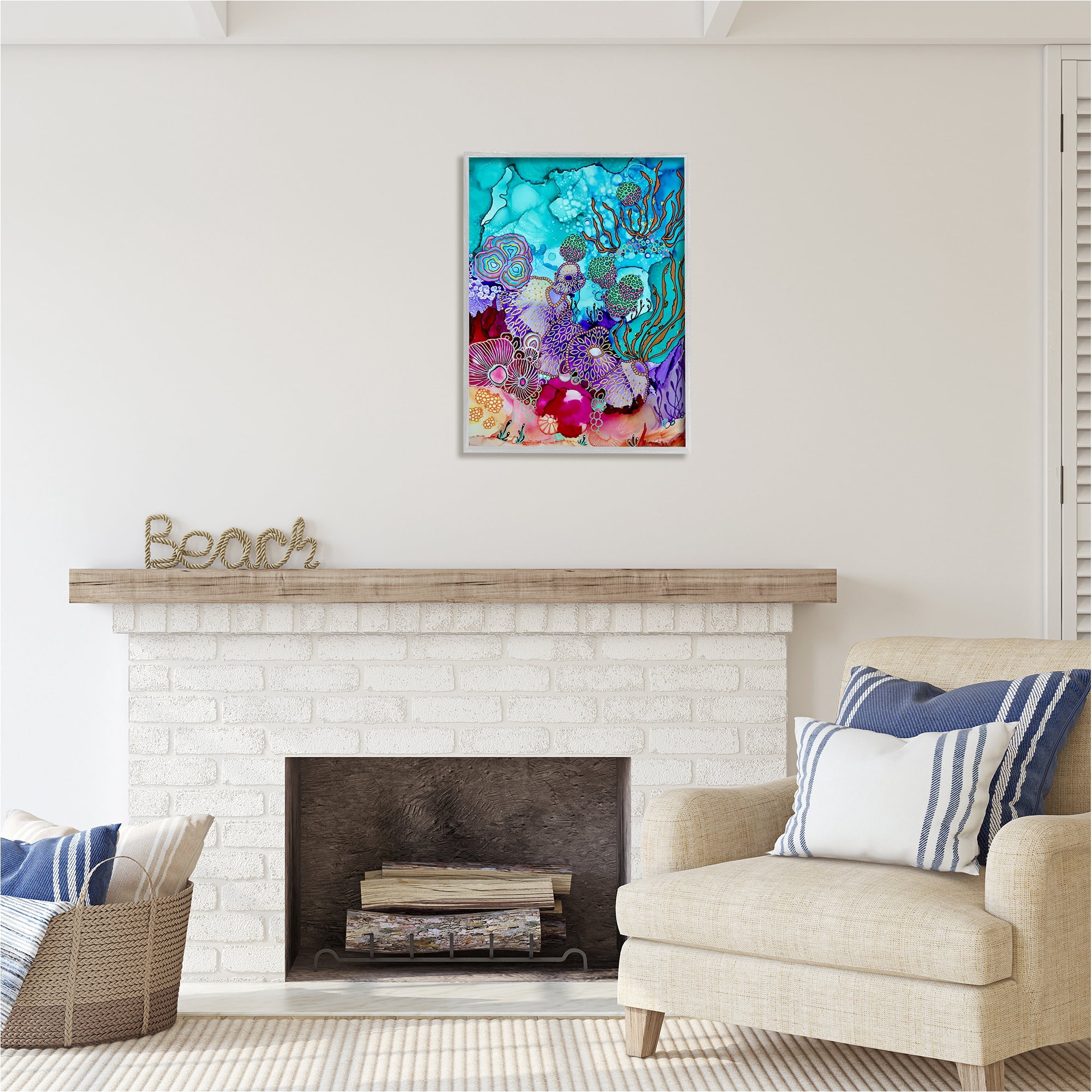 Stupell Industries Modern Coral Reef Abstract Painting Gray Framed Art Print Wall Art, 24 x 30
