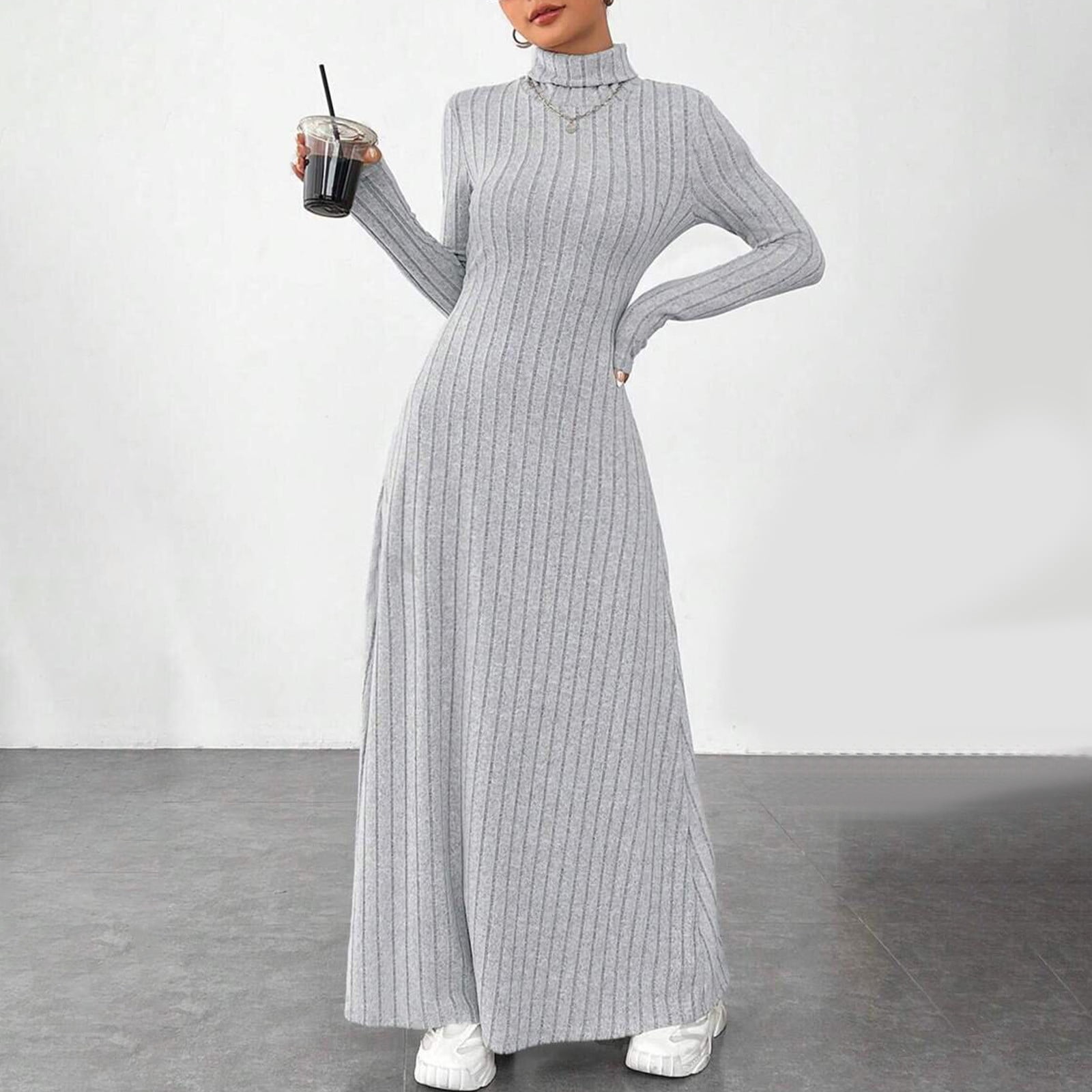 FASESH Womens Maxi Sweater Dress Long Sleeve Turtleneck Solid Color Loungewear Dress Casual Flowy Fall Knit Dresses Gray L, Women's, Size: Large