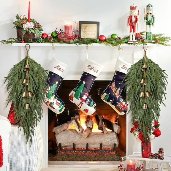 Bootesun 2PCS Christmas Swag with Bell, 27" Norfolk Pine Teardrop Swag, Christmas Teardrop Wreath for Door Window Mantle Fireplace Wall Indoor Outdoor Home Christmas Decorations