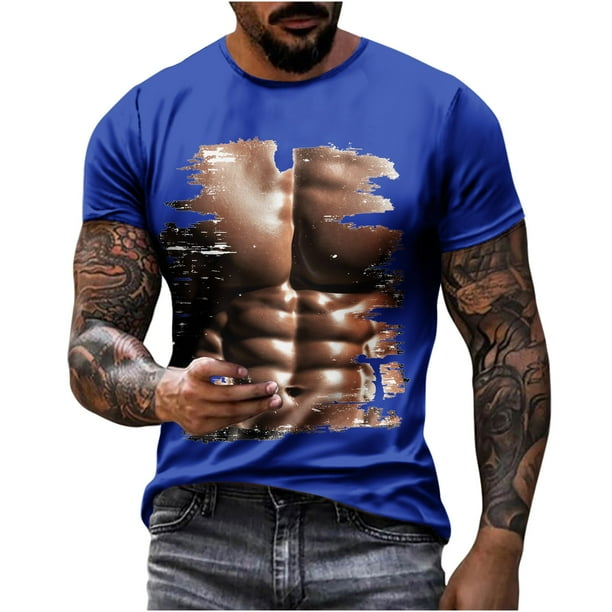 Camisetas de Manga Larga de los Hombres Casual Muscle Print Graphic Tee, Camiseta de Cuello de Tripulación de Manga Corta para las Vacaciones Diarias