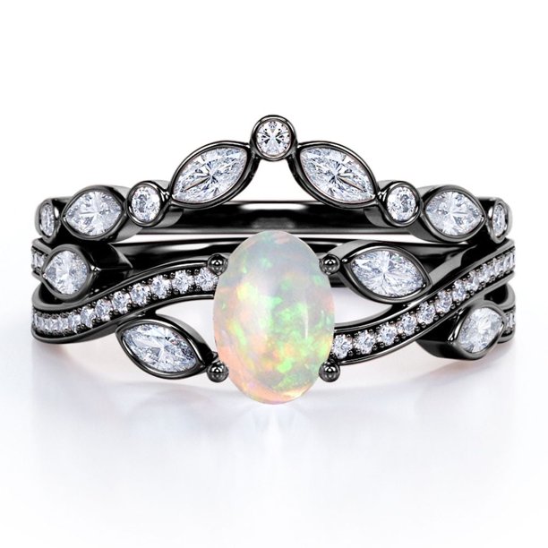 JeenMata Anillo de Bodas con Bisel en Forma de Chevron, Pavé Infinito de Canal de Moissanita y Ópalo Welo Ovalado de 1,75 Quilates, Engastado en Oro Negro de 18 K sobre Plata