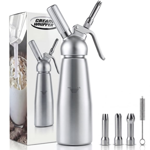 M Buder Whipped Cream Dispenser, Whip Cream Maker 500mL for Desserts Gourmet Cream Whipper with 3 Decorating Nozzles, Cleaning Brush, Silver