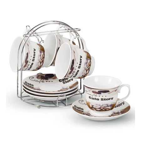 

World Gifts Set of 4 Porcelain Tea Cup and Saucer Set with Metal Stand - 8 oz White
