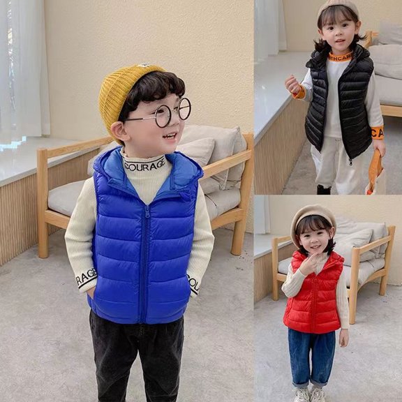 Godderr Girls Boys Toddler Down Vest Fall Winter Cotton Jacket with Hooded Fleece Sleeveless Coats Light-Weight Warm Outwears for 3-12Y Toddler Kids