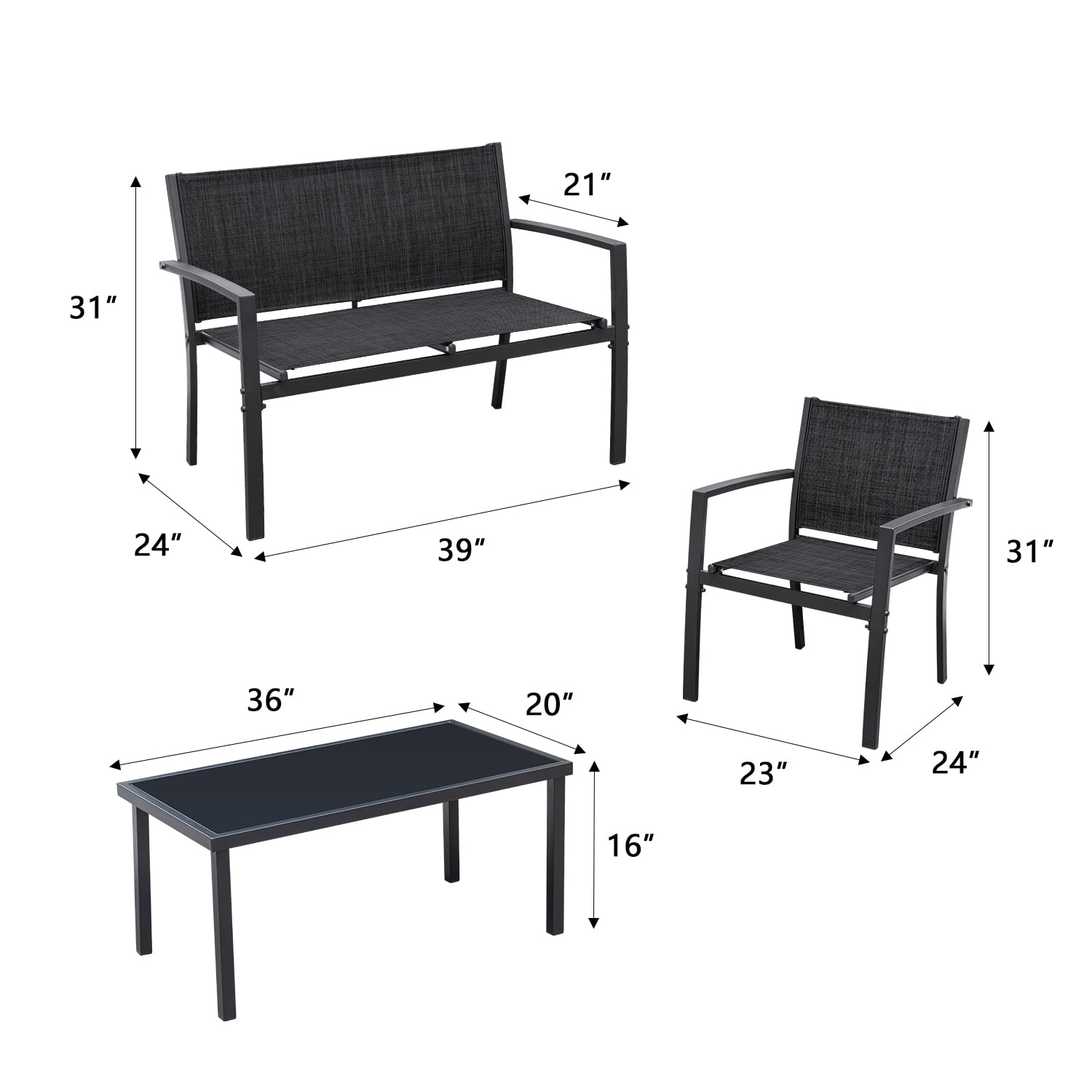 Vineego 4 Pieces Patio Furniture Outdoor furniture Outdoor Patio Furniture Set Textilene Bistro Set Modern Conversation Set Black Bistro Set with Loveseat Tea Table, Black