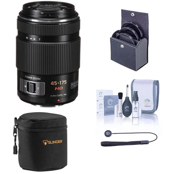 Panasonic LUMIX G X Vario PZ 45-175mm f/4.0-5.6 Aspherical Lens for Micro Four Thirds, Black, Bundle with 46mm Filter, Lens Cap Tether, Cleaning Kit