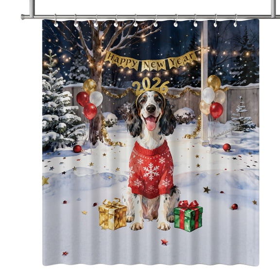 Happy New Year 2026 English Setter Holiday Balloons Party Snow Shower Curtain Dog Lover Waterproof Bathroom Bathtub Curtain - 13018