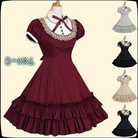 Gothic Lolita Dress Punk Cosplay Knee Length Stand Collar Ruffle Dress