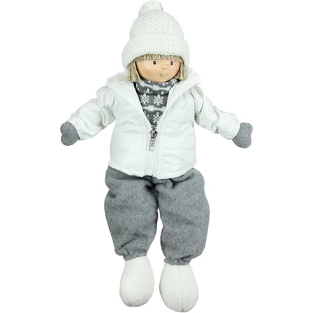 16" White and Gray Joyful Sitting Boy Christmas Tabletop Decoration
